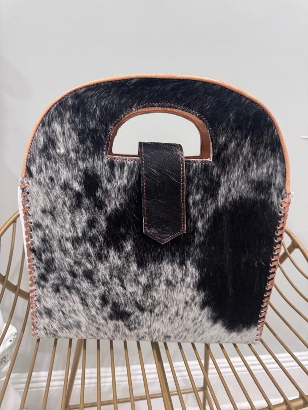 Handmade In Mexico Black & White realCowhide Leather Tote Bag with Top Handle